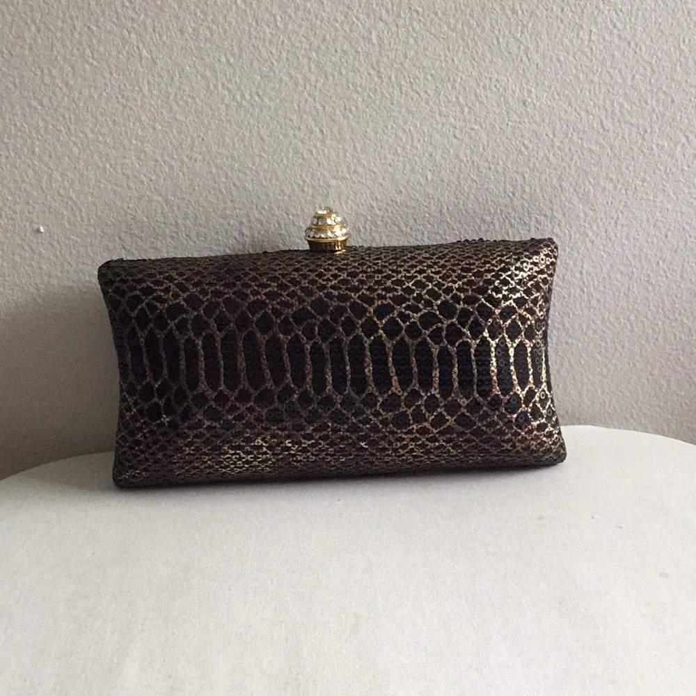Black Embellished Copper/Gold Box Clutch. New